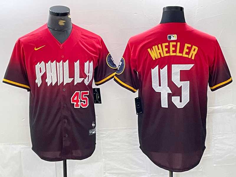 Mens Philadelphia Phillies #45 Zack Wheeler Red 2024 City Player Number Cool Base Jerseys